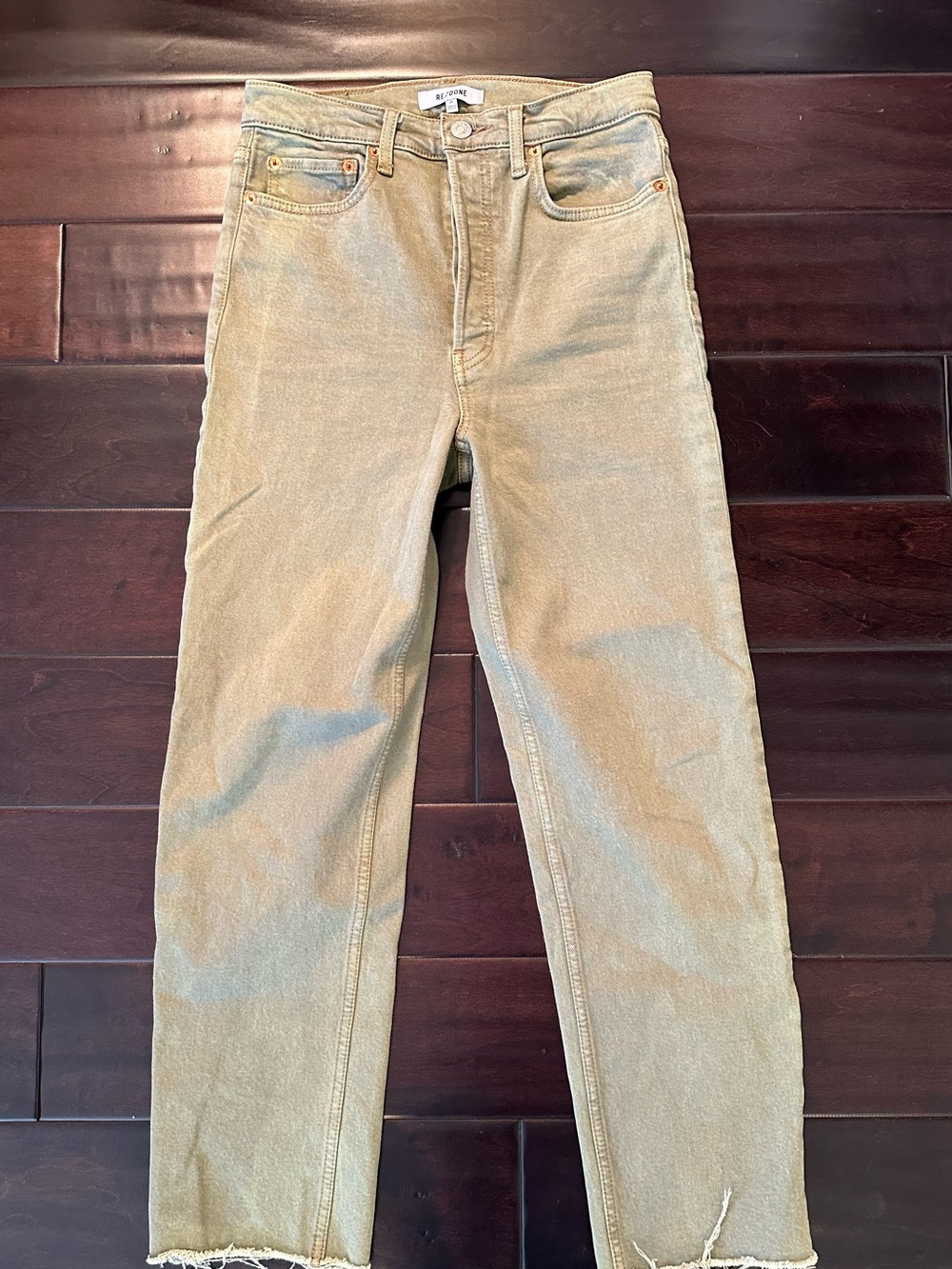 RE/DONE 70s Ultra High Rise Stove Pipe Raw Hem Jeans Washed Sage Size 26